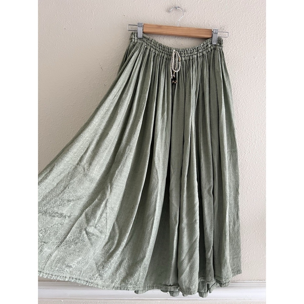 Vintage Ship N Shore Maxi Skirt Sage Green Embroidered Tasseled Size Medium Boho